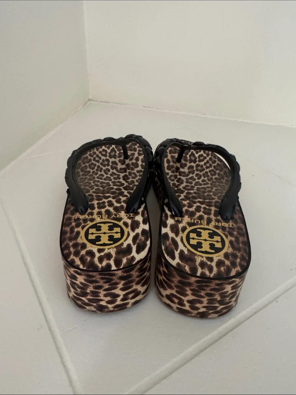 Tory Burch Leopard Print Wedge Sandals with Black Rhinestone Straps Size 6